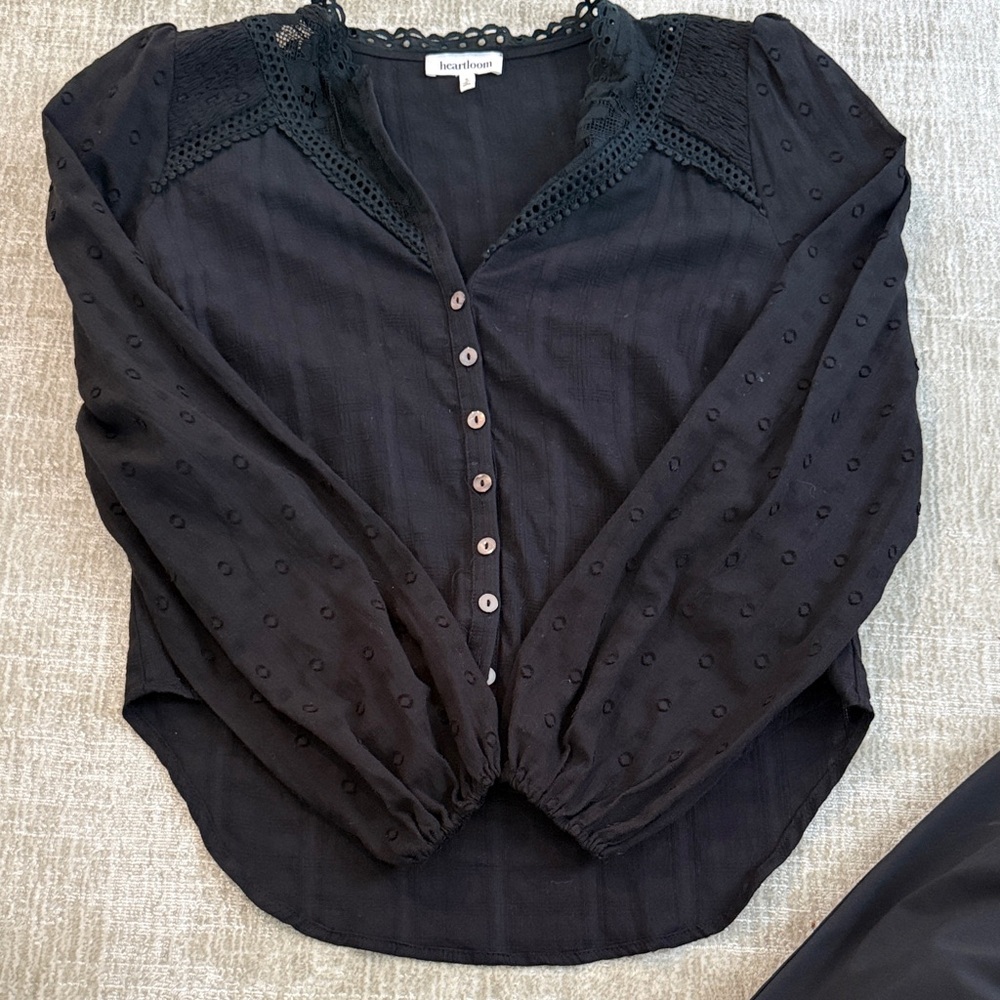 Heartloom Black Swiss-Dot Lace-Trim Button Front Blouse